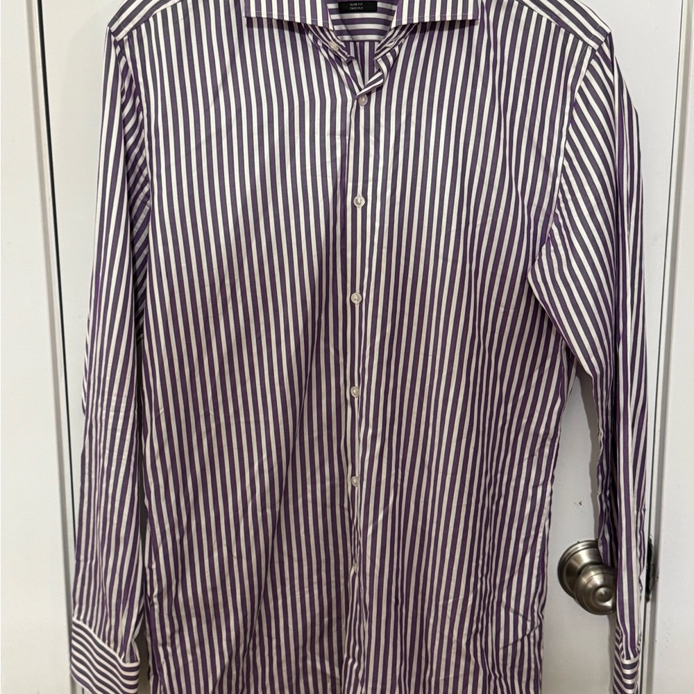 Hugo Boss Men's Purple and White Striped Dress Shirt